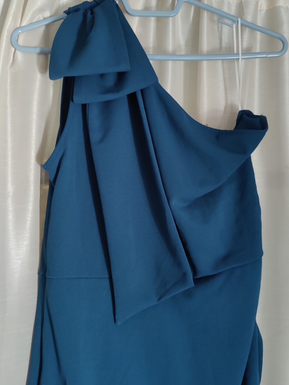 One-Shoulder Teal Dress with Draped Bow Detail